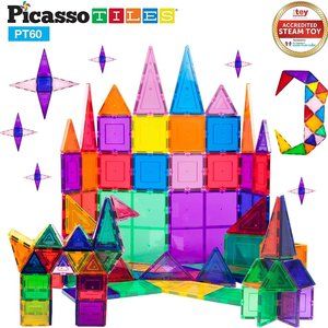 PicassoTiles 60pcs Magnet Building Tiles Clear Magnetic 3D Building Blocks